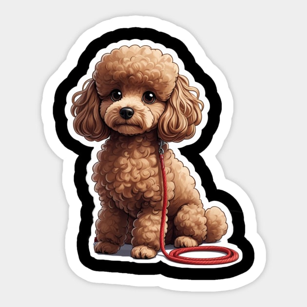 Adorable Dog – Brown Poodle with Leash in Peaceful Garden Scene Sticker by IamActiveDog